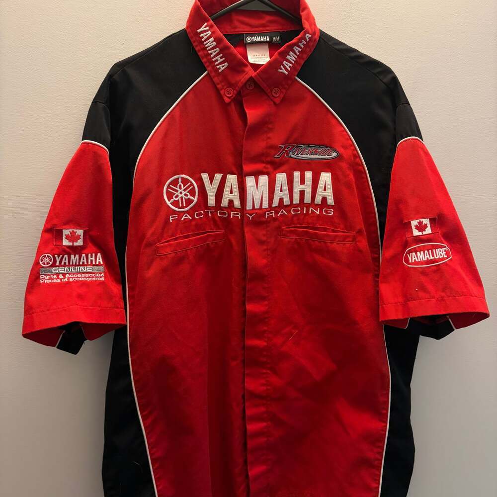Yamaha Factory Racing Pit Shirt Red Black Embroidered Motorsport Button Up